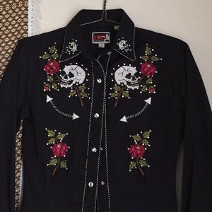 Vintage Embroidered Cowgirl Skull Button Up Shirt
